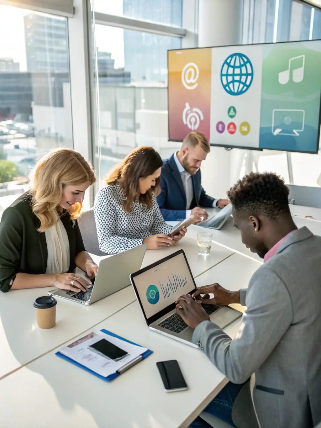 A diverse team of AI specialists working on laptops, showcasing Genises AI's collaborative and skilled workforce.