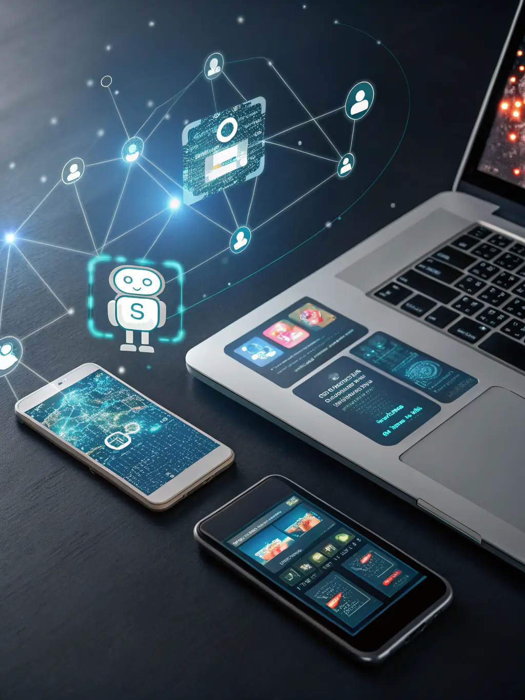 A futuristic graphic depicting AI chatbots seamlessly integrating with various business systems, representing Genises AI's forward-thinking approach.